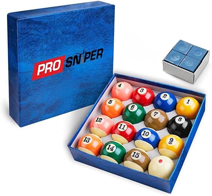 Prosniper Billiard Balls - 16 Premium Pool Ball Set Including 4X Cue Tips and 4X Blue Chalk I 6 oz & 2.25 inches I Pool Table Accessories for Beginners & Professionals I Made of Pure Resin - Image 1